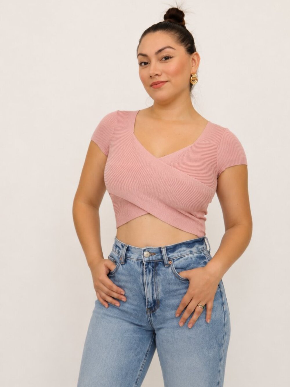 Women’s Pink Ribbed Wrap Crop Top, V-Neck Short Sleeve Fitted Top